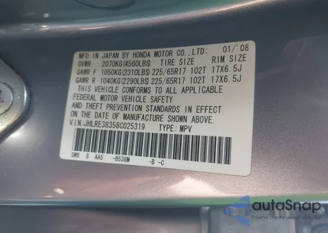 2008 Honda Cr-V Lx из США, поврежденный, VIN JHLRE38358C025319